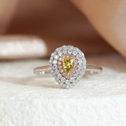 Natural Yellowish Green Diamond Pear Ring 0.19ct, Diamond 0.35ct 18K Gold